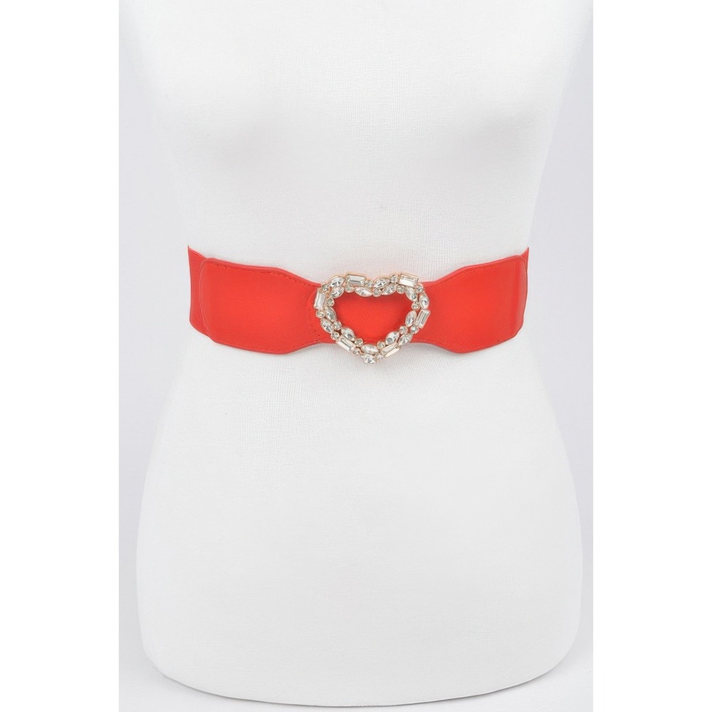 Heart Buckle Belt Womens OS Red NEW Rhinestone Crystal Elastic Cinch